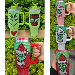 Nuevos Vasos Personalizados de Navidad con Diseño de <span class=keywords><strong>Grinch</strong></span>, Decorados con Pedrería, de Acero Inoxidable de 40 oz, con Cara de <span class=keywords><strong>Grinch</strong></span> Verde - Product Image 2