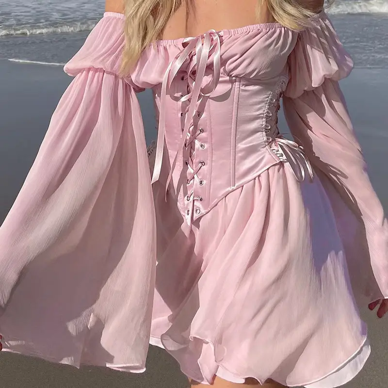 Beach Style Vintage Chiffon Dress With Corset Bandage Hollow Out Bustier Prairie Chic Flare Sleeve Dresses 2 Pieces Set