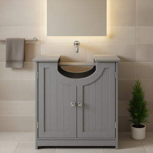 Meuble de salle de bain gris en forme de U avec lavabo, 38-46 pouces, style traditionnel, sur pieds, étagère réglable - Product Image 2