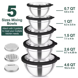 WELLFLYER Bols à mélanger en acier inoxydable <span class=keywords><strong>KIGA</strong></span>-167 avec couvercles transparents et 3 râpes pour la cuisine, la cuisine, le service et le rangement. - Product Image 2
