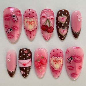 <span class=keywords><strong>Faux</strong></span> ongles longs ovales Y2K ludiques avec cœurs, détails de nœuds, motifs fruits et pois roses et marron, fournitures d'ongles de couleurs mélangées - Product Image 1