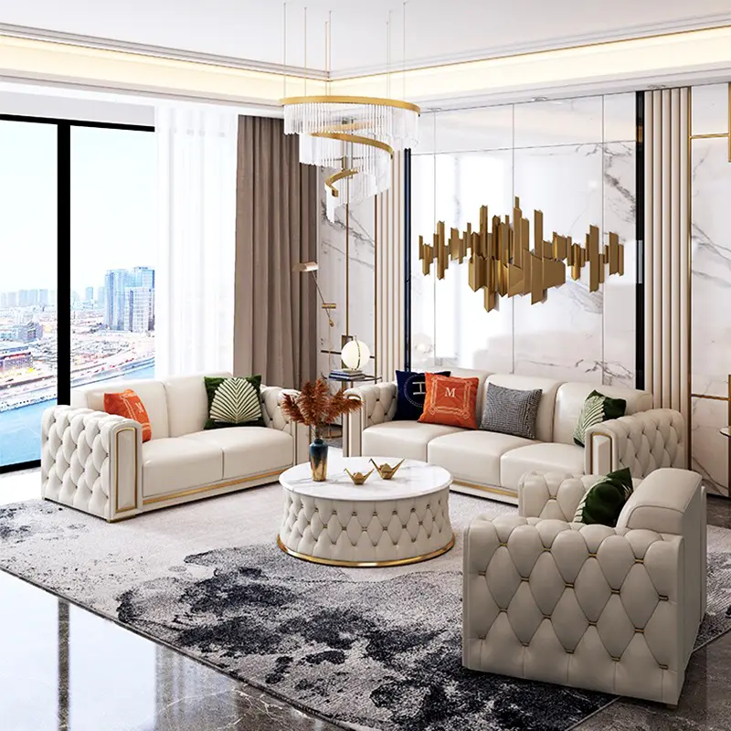 Moderne Luxus hochwertige Wohnzimmer Sofa-Set, Polstermöbel, Voll leder, Knopf getuftet, 1 + 2 + 3 Sofas für zu Hause, 2022
