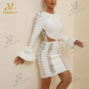 Fabricante de ropa personalizada para mujer, manga larga acampanada, cintura calada con cordones, Color sólido, cuello redondo, camisa, conjunto de falda corta - Product Image 2