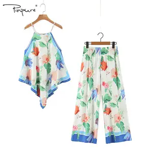 Casual Wide-leg Pants Sets R40372S Hot Sale Summer New Arrival Fashion Style Printed Elegant Spaghetti-strap Floral Print 2 Pcs