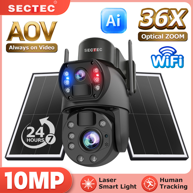 10MP 36X Zoom AOV 4G Wifi Security Tracking IP66 Human Shaped Detection PIR Alarm 24/7 Working 4G Solar Camera