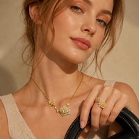 Ensemble de bijoux de luxe en forme de rose, collier, bague, bracelet, cuivre, ton or, zircone synthétique, cadeau de mariage pour femme, élégant