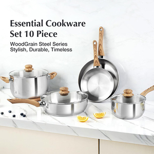 Juego de Utensilios de Cocina de Acero Inoxidable de 6 Piezas con Tapa de Vidrio, Mango de Madera Suave al Tacto, Compatible con Gas e Inducción, Apto para Lavavajillas y Horno - Product Image 6