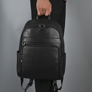 Men's Top Grain Cowhide <b>Backpack</b> <b>Black</b> 36-55L Waterproof Business Travel Casual Solid Color Soft Handle Interior Zipper Pocket - Product Image 3