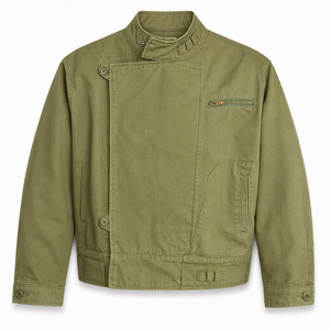 <b>Men's</b> Mid-Weight Cotton <b>Utility</b> <b>Jacket</b> Asymmetrical Flap Closure Mandarin Collar Zip Chest Pocket Welt Hip Pockets Olive Drab - Product Image 2