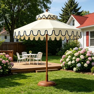 <span class=keywords><strong>Parasol</strong></span> de terrasse pliable imperméable de 9 pieds avec volant festonné, logo personnalisé imprimé, structure en acier, protection solaire extérieure – Marques - Product Image 2