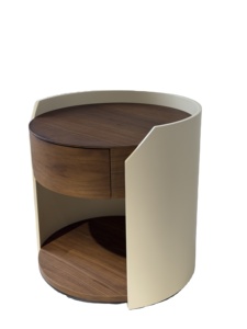 Mesita de Noche Cilíndrica Moderna con Chapa de Nogal, Acabado Crema Horneado, Cajón de Madera Maciza con Cierre Suave y Estante Abierto para Dormitorio - Product Image 6