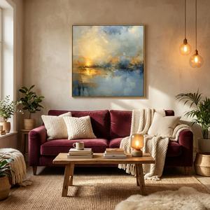 ภาพวาดทิวทัศน์นามธรรมสีน้ำเงินและสีทอง ภาพวาดสีน้ำมันวาดด้วยมือบนผ้าใบ ตกแต่งบ้านด้วยงานศิลปะขนาดใหญ่ - Product Image 5