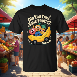 Camiseta Did You Take Your Fruits con diseño de dibujos animados de frutas, color negro, unisex, para adultos, cuello redondo, manga corta, impresión digital - Product Image 3