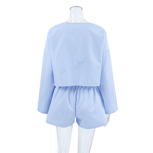 QINSI Custom Pajamas <strong>Crop</strong> Top Shorts Pajamas Two Piece Homewear Button up Plaid Women's Sleepwear Spring Pjs Loungewear - Product Image 5
