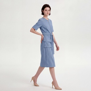 Blue <b>Short</b> Sleeve Crew Neck Sheath <b>Dress</b> with Belt and Pockets Fitted Knee-Length Utility Style for Daily Wear - Product Image 2