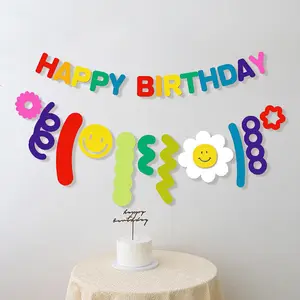 INS Style Kids Boy Girl Birthday Favors Daisy Decoration Happy Birthday Party Banner Hat White Flower Paper Garland Flag