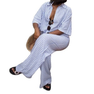 Nuovo Completo Casual da Donna con Camicia a Righe a <span class=keywords><strong>Tre</strong></span> Quarti di Manica e Pantaloni a Vita Alta, Set di 2 Pezzi Sehe Fashion - Product Image 2