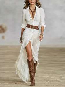 Robes Femme 2025 – Nouvelle Robe Longue Plissée Slim Col V Ceinturée Style Rétro Français, Manches Longues Fendues, Boutonnage Simple, Style Bohème pour l'Automne - Product Image 1