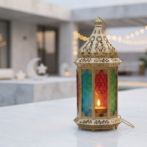 2027 Ramadan Decorations Gold Metal Moroccan <b>Candle</b> <b>Lantern</b> with Colorful Glass for Home & Events - Product Image 2