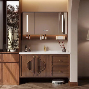 Chinese Style Bathroom <b>Vanity</b> Cabinet With Ceramic Basin Led <b>Mirror</b> 60 In Solid Wood Floor Standing Dark Finish - Product Image 4