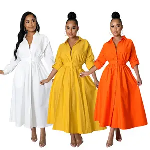 Vestido elegante con botones y cuello de solapa para mujer, Vestido camisero largo liso de otoño 2023, Vestido informal de manga larga para mujer, Vestido de fiesta