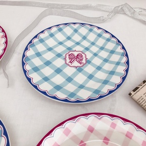 Korean Ins Small Fresh Creative Ceramic Western Plate Plaid Bow Thick Plate Cake Dessert Breakfast Plate - Product Image 2