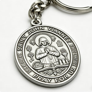 Porte-clés vintage en alliage de zinc avec impression UV, motif Saint Jean Vianney en argent antique, souvenir religieux catholique, saint patron, pour la prière - Product Image 5