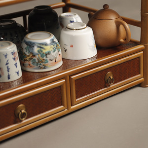 Original bamboo tea stand, tea set, teapot, <b>teacups</b>, with drawers, storage and display rack, curio cabinet, antique display - Product Image 4