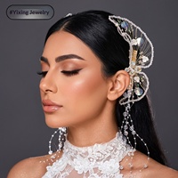 Pince à cheveux papillon en cristal élégante et luxueuse, accessoire de mariage unique fait main avec pompon pour mariée