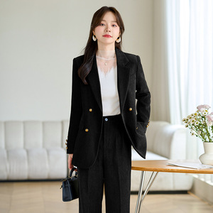 Women's Suit Set Burgundy Double Breasted Wool Blend Office Lady Autumn Anti-Wrinkle Full Sleeve Professional Attire - Product Image 2