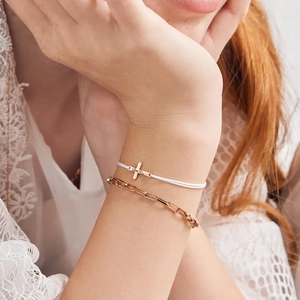 Pulsera de cuerda de nailon OEM con dije en blanco <span class=keywords><strong>para</strong></span> grabar logotipo, texto, fecha, joyería religiosa de acero inoxidable con cruz de confirmación <span class=keywords><strong>para</strong></span> niñas - Product Image 5