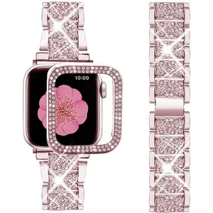 Yapears Roestvrij Stalen Horloge Band Voor Apple Horloge 7 Case Vrouwen Sieraden Bling Diamond Vervanging Metalen Band Voor Iwatch Serie