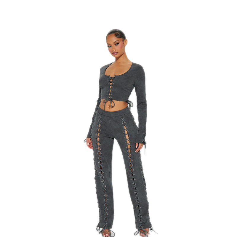 KY Women Long Sleeve Crop Top Outfits Fit Waistband Elastic Lace up Clothing Ladies 2 Piece Women Outfits