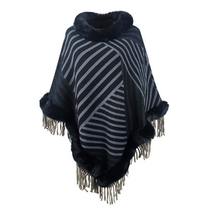 Pull en acrylique à col fourré, tricoté, chaud, coupe-vent, à rayures, avec franges, châle, cape, veste pour <span class=keywords><strong>femme</strong></span> - Product Image 2