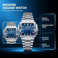Montre à quartz carrée de luxe pour homme, étanche 30M, bracelet en acier inoxydable, aiguilles lumineuses, calendrier, date, Reloj Hombre