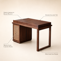 Bureau d'écriture en noyer noir d'Amérique du Nord avec armoire en rotin, table d'étude moderne, pieds rectangulaires en boucle pour la maison, le bureau ou l'hôtel