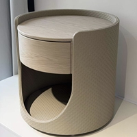 Table de chevet cylindrique moderne de luxe, faite à la main, écologique, rembourrée, 1 tiroir, placage bois clair, cuir camel, pour salle à manger