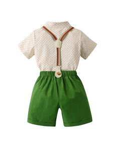 Adorable bébé garçon vert <span class=keywords><strong>blanc</strong></span> tenue ensemble chemise à pois nœud papillon bretelles Shorts élégant décontracté et vêtements de cérémonie - Product Image 3