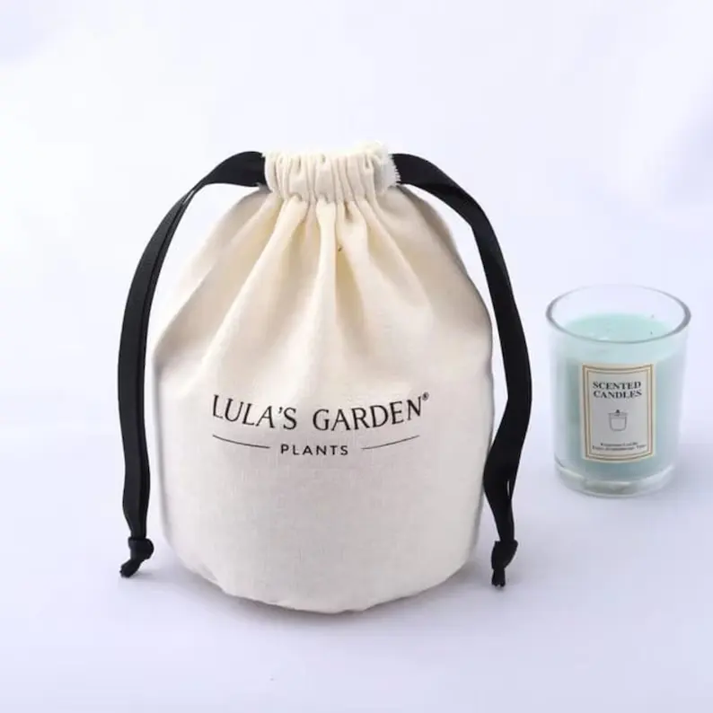 Custom Logo Printed Round Bottom Canvas Dust Bag For Candle Gift Skincare Products Storage Natural Cotton Drawstring Pouch