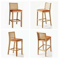 Tabouret de bar en rotin/bois tressé avec dossier, assise rembourrée en cuir PU, structure robuste, design moderne, écologique, pour hôtel, salle à manger, bar