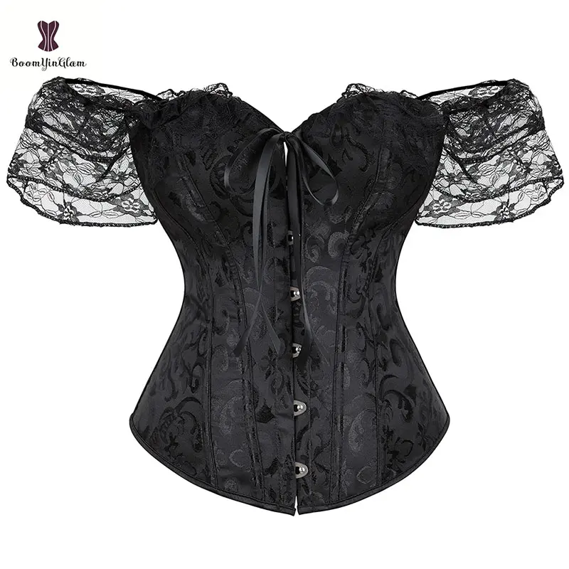 Corpete feminino para casamento, corset com 12 ossos de aço, vintage, com renda e manga