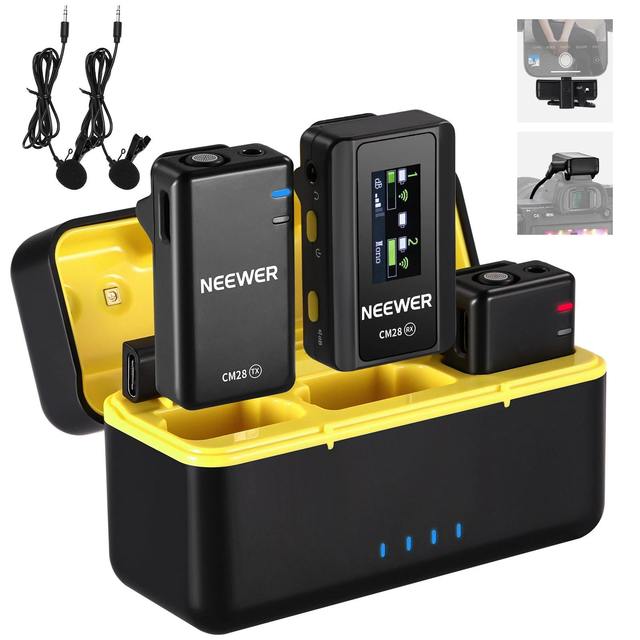 NEEWER CM28 Wireless Lavalier Microphone with Charging Case 1-Click Noise Canceling Lapel Mic for Smartphone