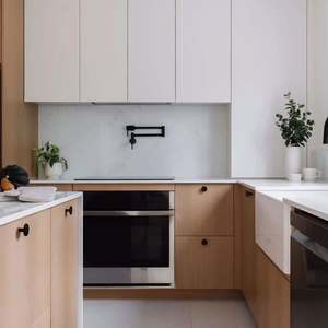 Fashionable Design Modern Log Style Wood Grain Kitchen Cabinet White Kitchen <b>Cupboard</b> Waterproof Kitchen Furniture for Apartment - Product Image 1