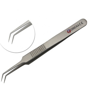 Pinzas de extensión de pestañas de volumen de acero inoxidable profesional OBEXA CE, mango dentado en ángulo de 45 grados, uso de fibra para cejas - Product Image 2