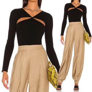 เสื้อสเวตเตอร์แขนยาวคอวีเซ็กซี่สำหรับผู้หญิงทันสมัย สีดำ ผ้าถักริบบ์ - Product Image 6