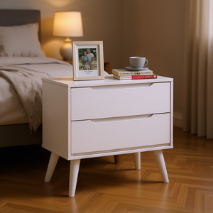 Mesita de noche moderna de mediados de siglo, de madera maciza blanca, con 2 cajones y patas cónicas, para dormitorio o apartamento. - Product Image 2