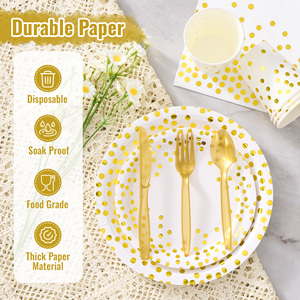 350Pcs Eco-Friendly Gold Dot Disposable PET <b>Dinnerware</b> <b>Set</b> for 50 Guests Plates Cups Napkins Gold Cutlery Microwave Safe for - Product Image 5