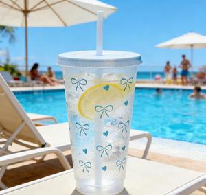 Birthday Party Favor Blue Bow <b>Reusable</b> Clear Tumbler With Lid and Straw for Kids Girls Gift Travel Plastic <b>Cup</b> - Product Image 1
