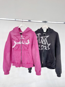 Sudadera con capucha de cremallera completa para hombre Y2K, lavado ácido, efecto desgastado por el sol, corte holgado, forro polar grueso, estilo urbano <span class=keywords><strong>grunge</strong></span>, gráfico craquelado, venta al por mayor OEM - Product Image 2