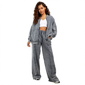 Conjunto Deportivo de Algodón Lavado Gris para Mujer, Corte Holgado, Sudadera y Pantalones Largos, Ropa Casual de Otoño con Bolsillos Laterales - Product Image 1